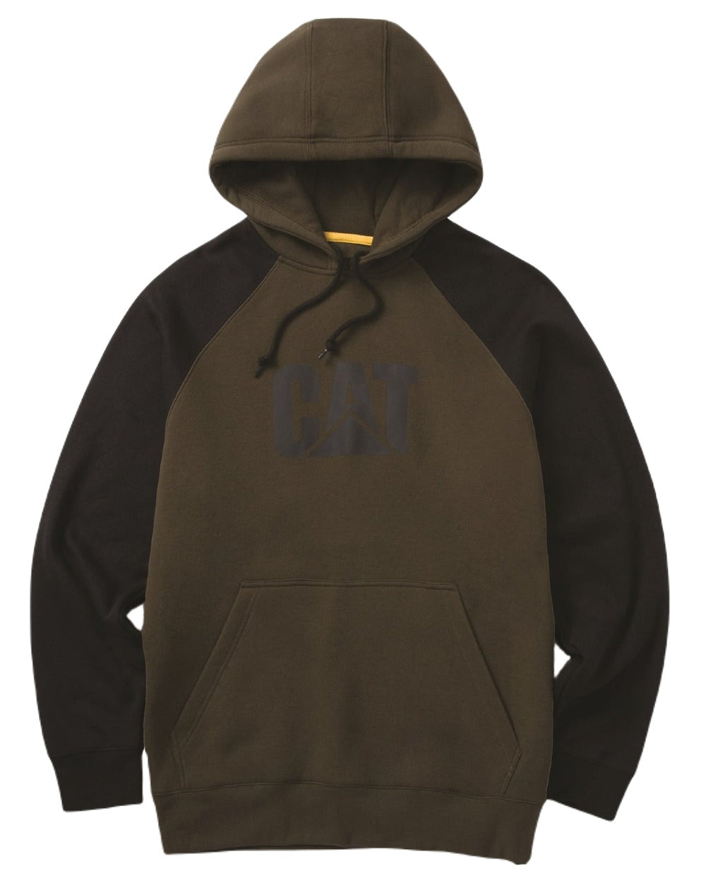 Army Moss Black Coloured Caterpillar Mens Raglan Hooded Sweatshirt on White Background
