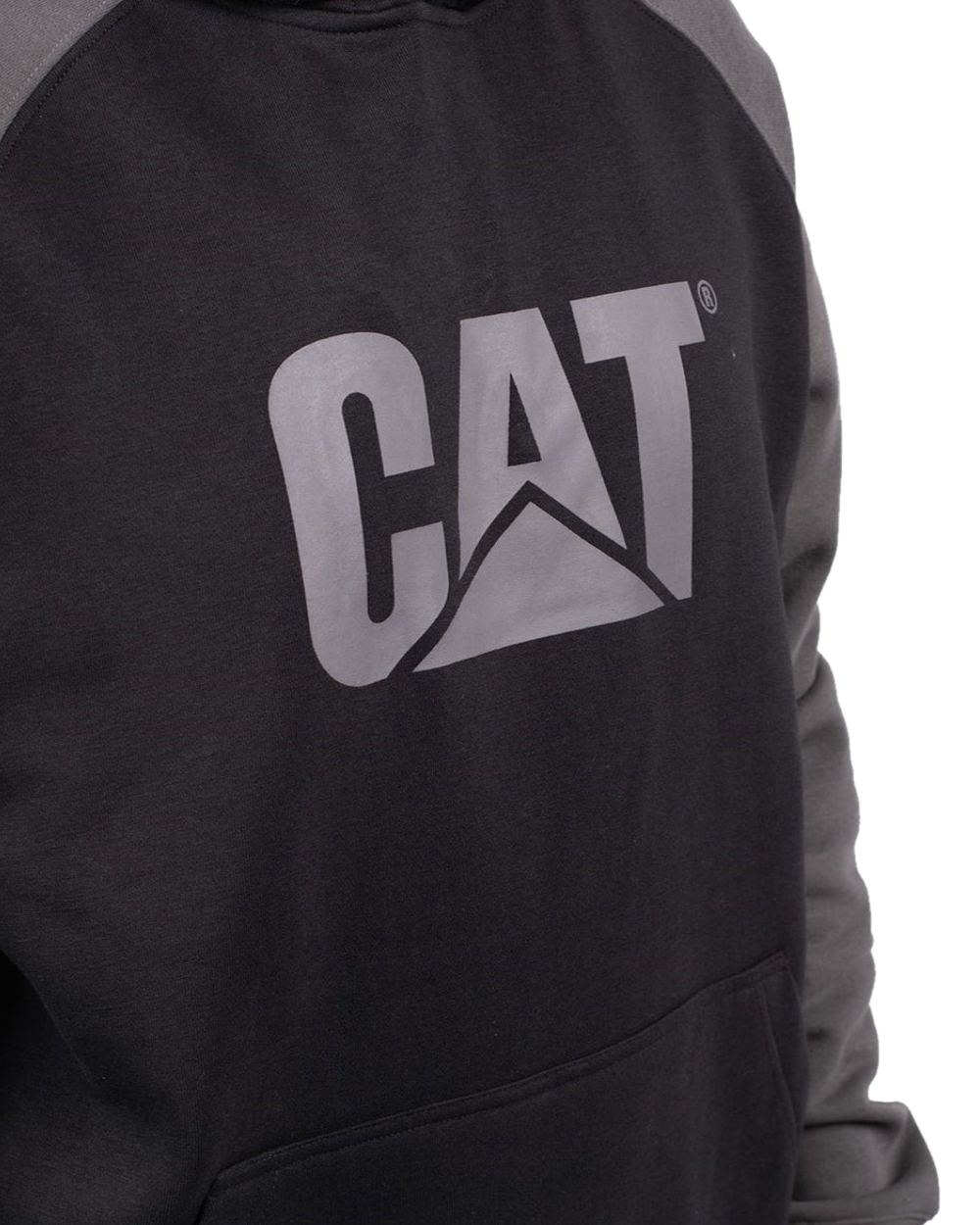 Black Magnet Coloured Caterpillar Mens Raglan Hooded Sweatshirt on White Background
