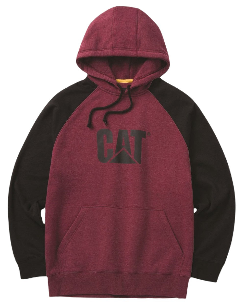 Carmenere Heather Black Coloured Caterpillar Mens Raglan Hooded Sweatshirt on White Background
