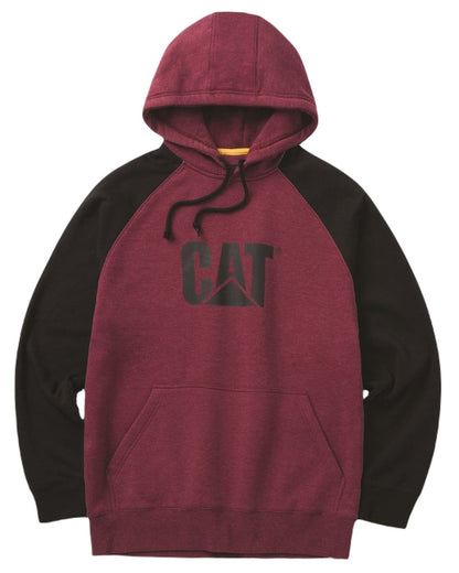 Carmenere Heather Black Coloured Caterpillar Mens Raglan Hooded Sweatshirt on White Background
