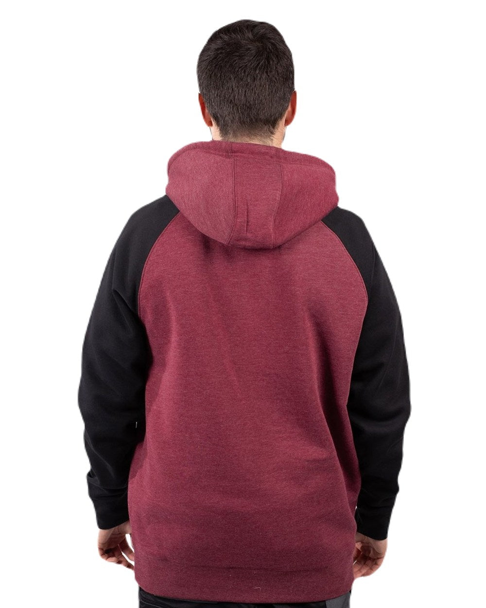 Carmenere Heather Black Coloured Caterpillar Mens Raglan Hooded Sweatshirt on White Background
