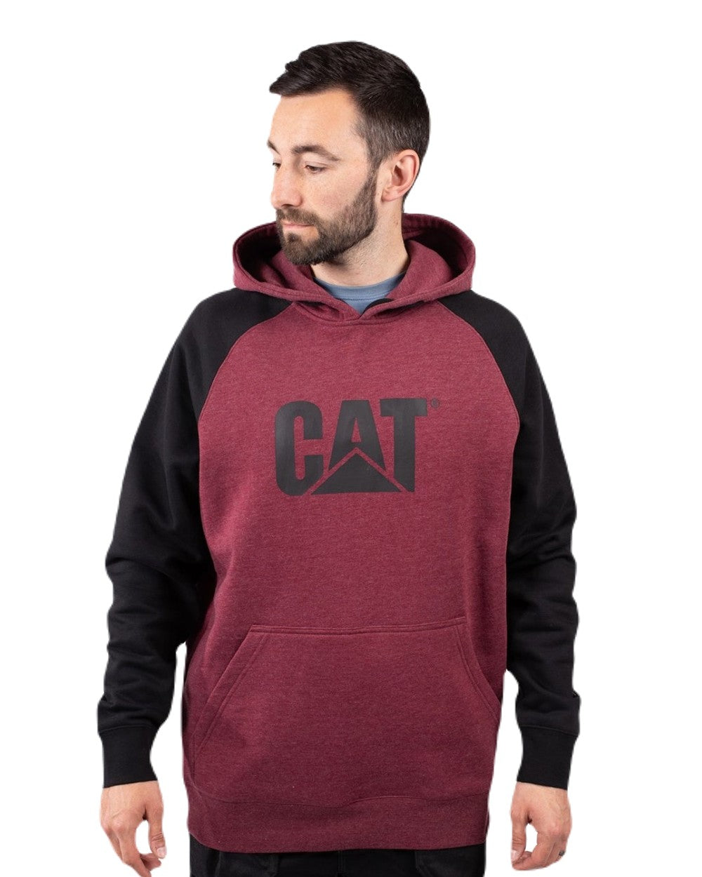 Carmenere Heather Black Coloured Caterpillar Mens Raglan Hooded Sweatshirt on White Background
