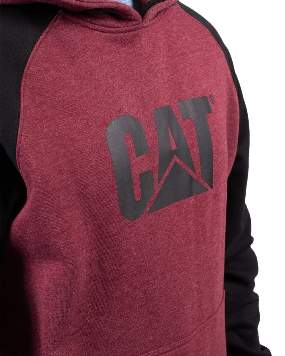 Carmenere Heather Black Coloured Caterpillar Mens Raglan Hooded Sweatshirt on White Background
