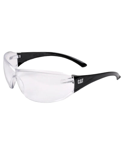 Clear Black Coloured Caterpillar Shield Safety Frame Glasses on White Backgroud
