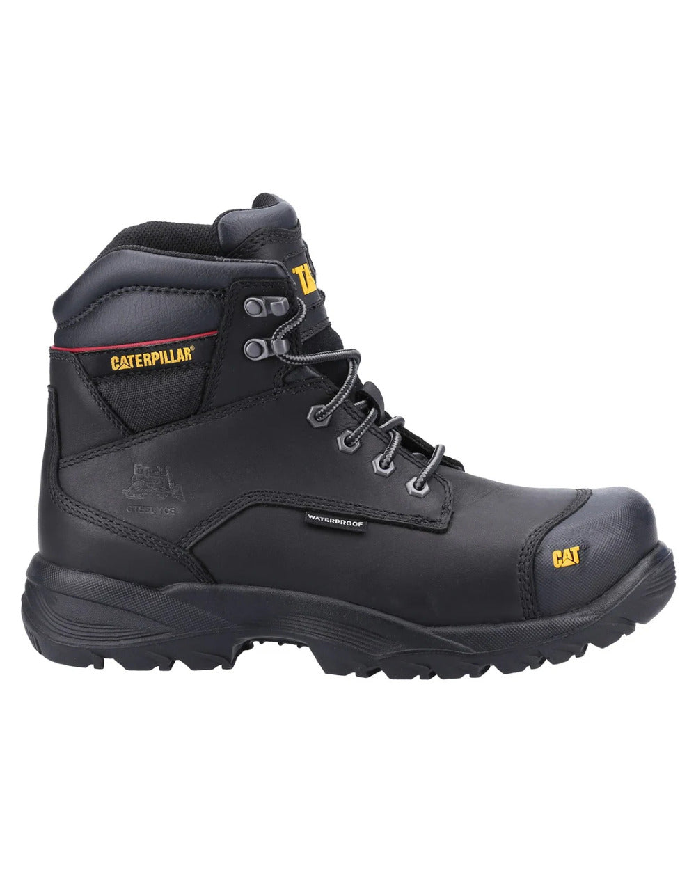 Black Coloured Caterpillar Spiro Waterproof Safety Boot On A White Background 