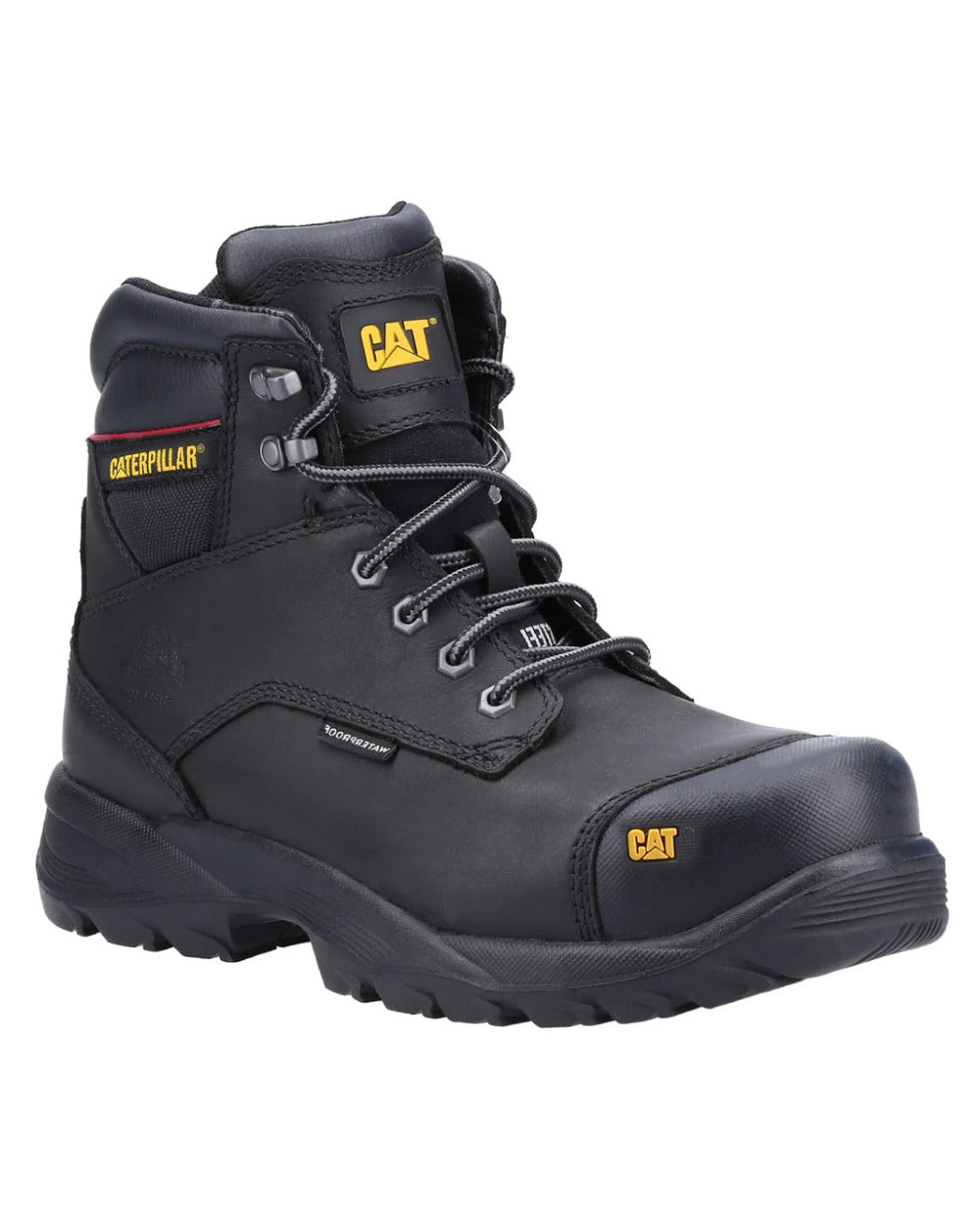 Black Coloured Caterpillar Spiro Waterproof Safety Boot On A White Background