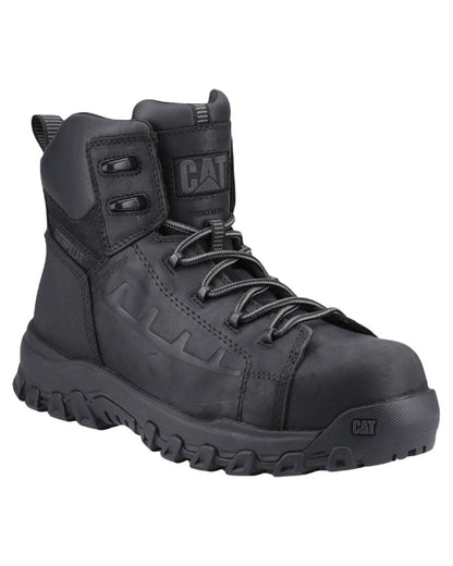Black Coloured Caterpillar Threshold Rebound Safety Boots on White Background
