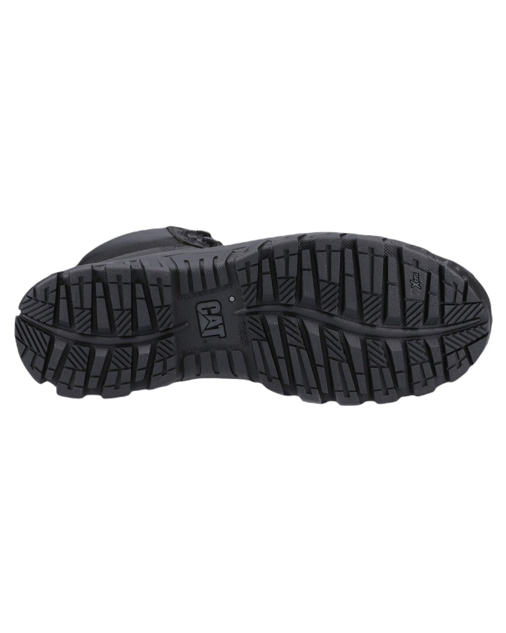 Black Coloured Caterpillar Threshold Rebound Safety Boots on White Background
