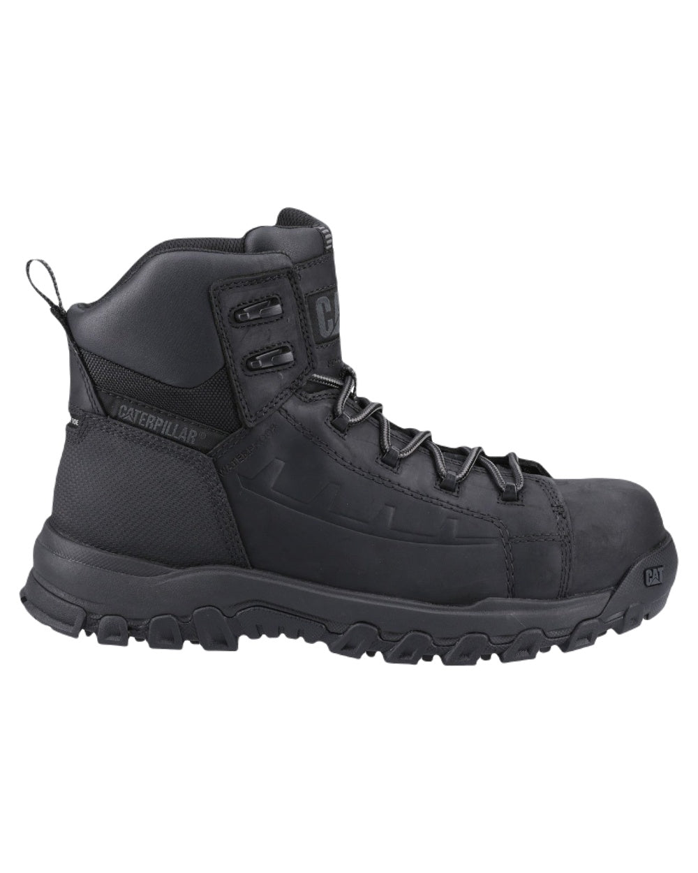 Black Coloured Caterpillar Threshold Rebound Safety Boots on White Background
