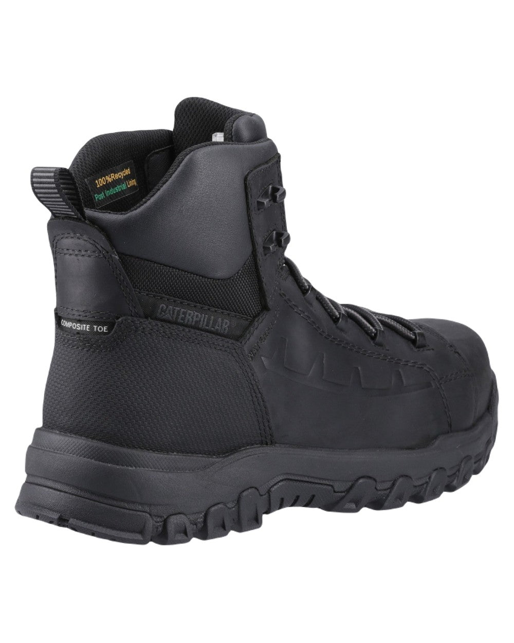 Black Coloured Caterpillar Threshold Rebound Safety Boots on White Background
