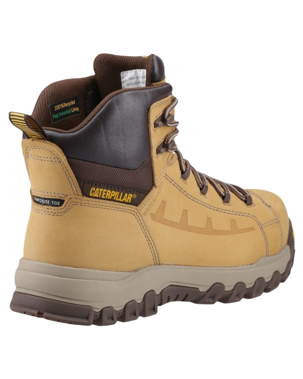 Honey Coloured Caterpillar Threshold Rebound Safety Boots on White Background
