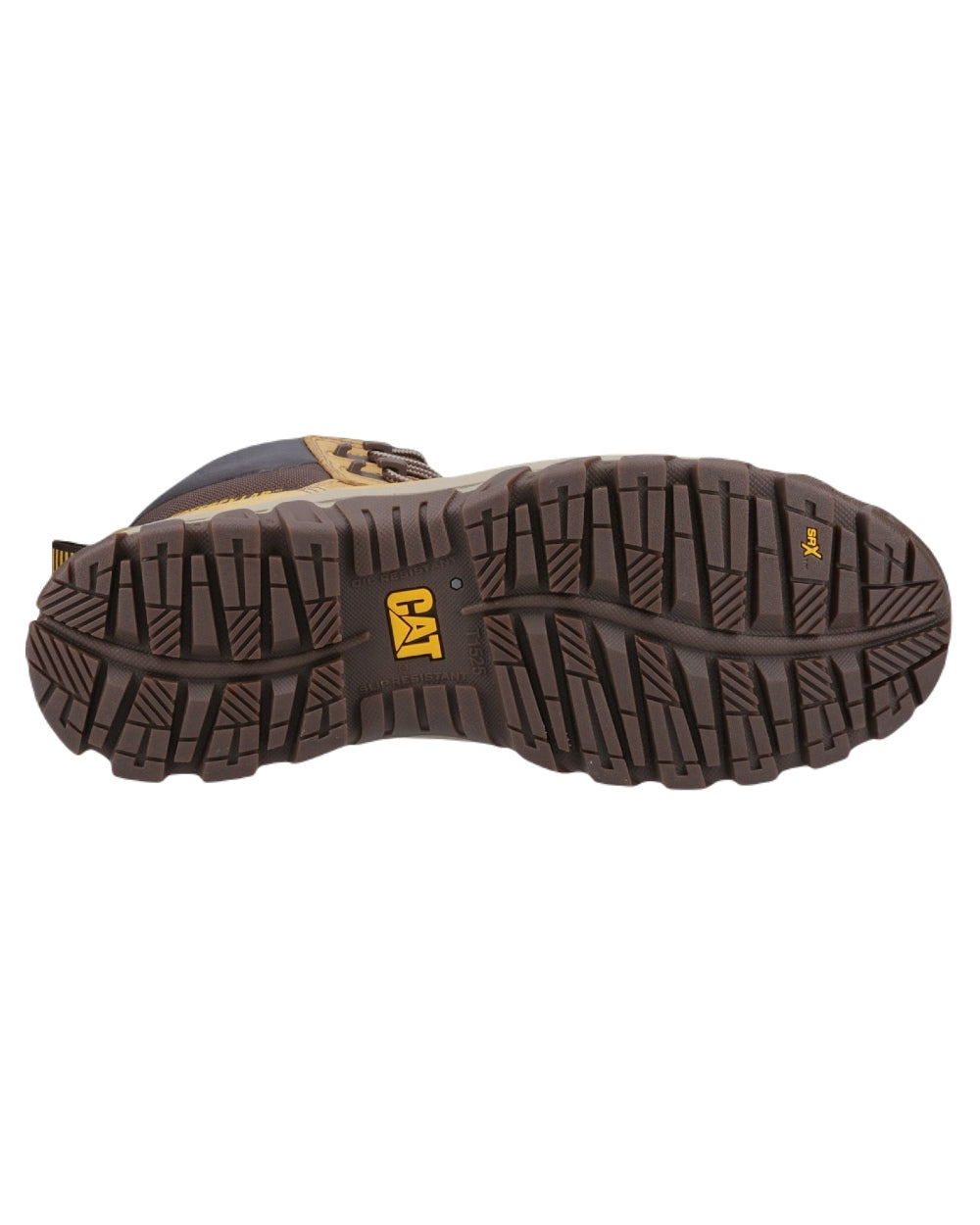 Honey Coloured Caterpillar Threshold Rebound Safety Boots on White Background
