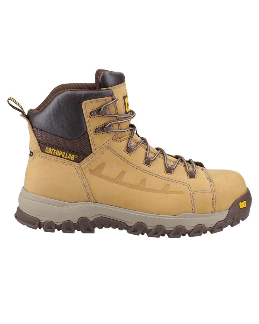 Honey Coloured Caterpillar Threshold Rebound Safety Boots on White Background
