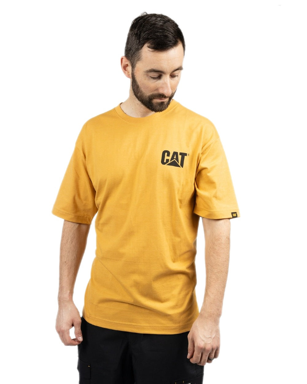 Mustard Coloured Caterpillar Trademark Tee On A White Background 