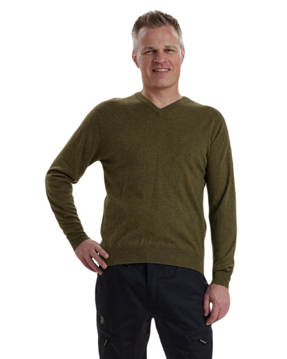 Cypress Coloured Deerhunter Kingston Knit V-Neck Jumper On A White Background 