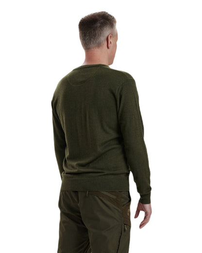 Green Melange Coloured Deerhunter Kingston Knit V-Neck Jumper On A White Background 