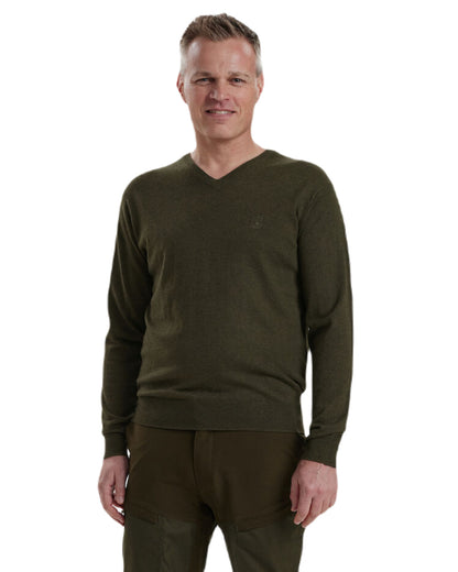 Green Melange Coloured Deerhunter Kingston Knit V-Neck Jumper On A White Background 