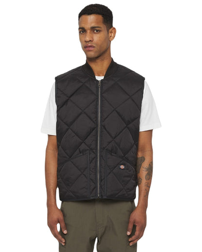 Black Coloured Dickies Mens Diamond Quilted Gilet on White Background
