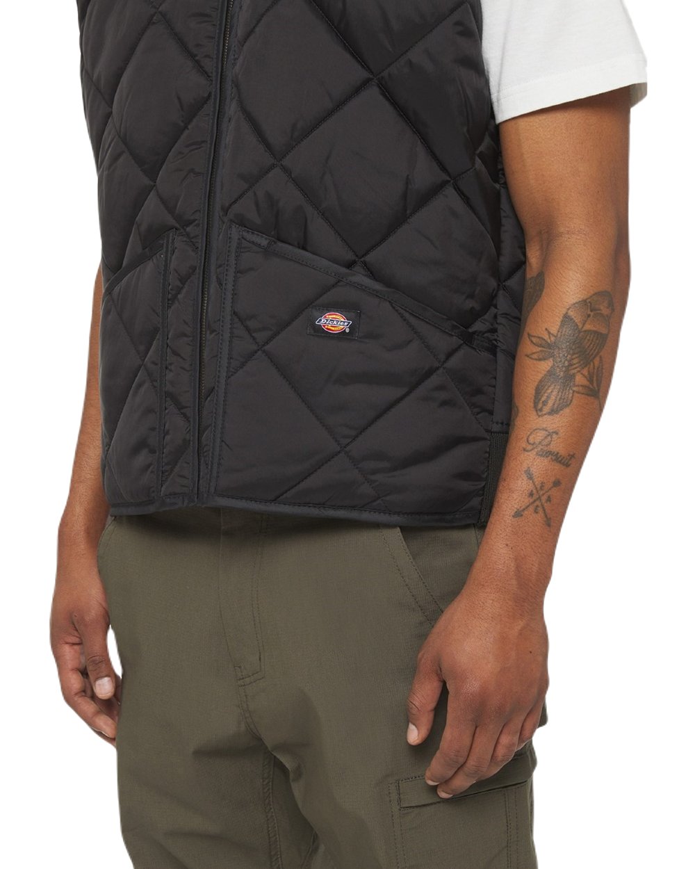 Black Coloured Dickies Mens Diamond Quilted Gilet on White Background
