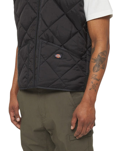 Black Coloured Dickies Mens Diamond Quilted Gilet on White Background
