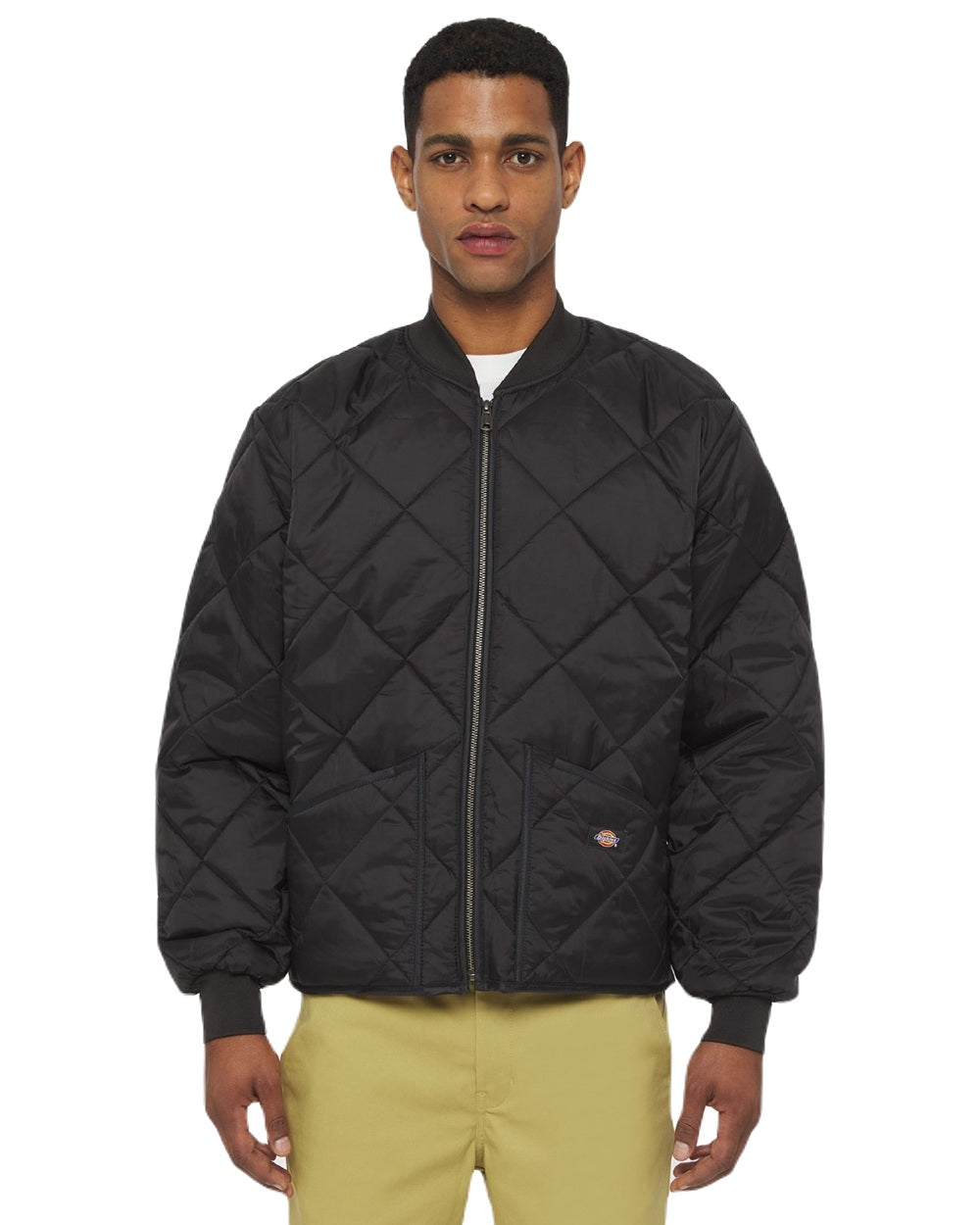 Black Coloured Dickies Mens Diamond Quilted Nylon Jacket on White Background
