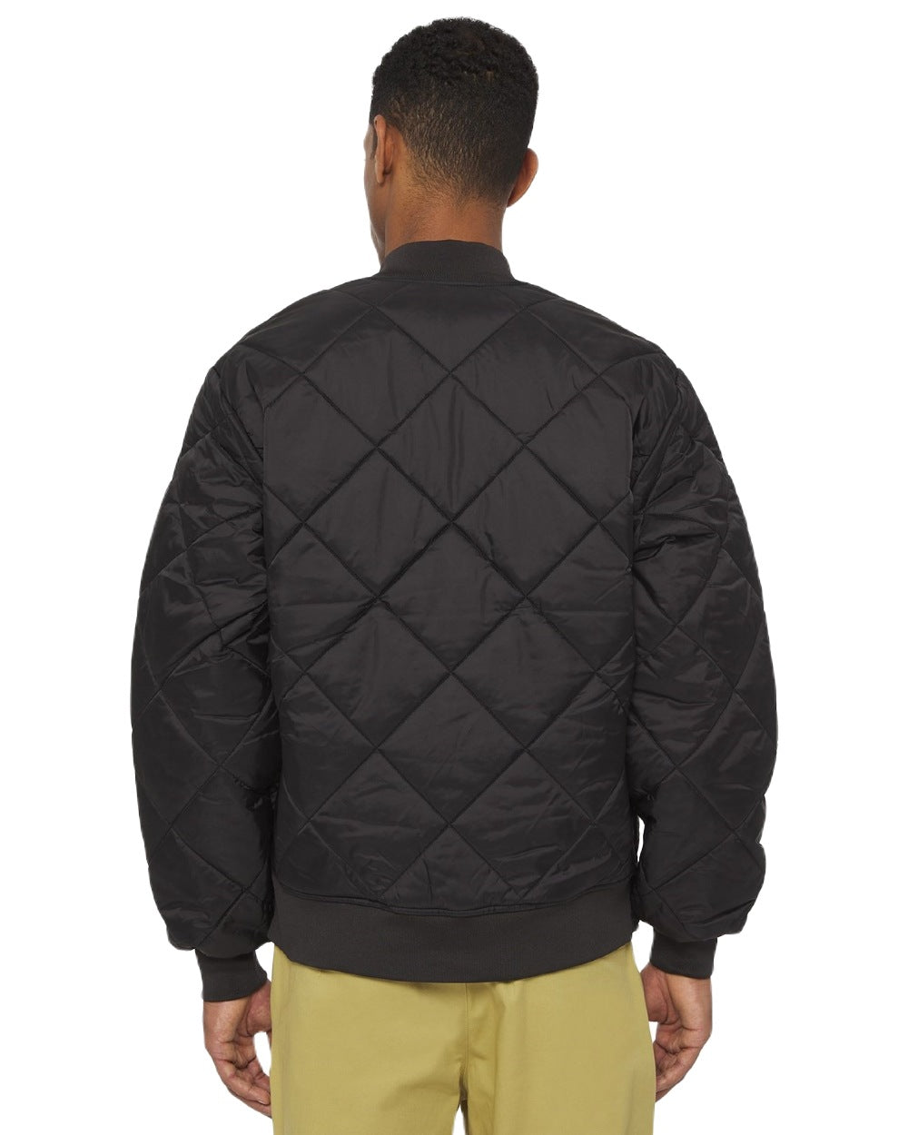 Black Coloured Dickies Mens Diamond Quilted Nylon Jacket on White Background

