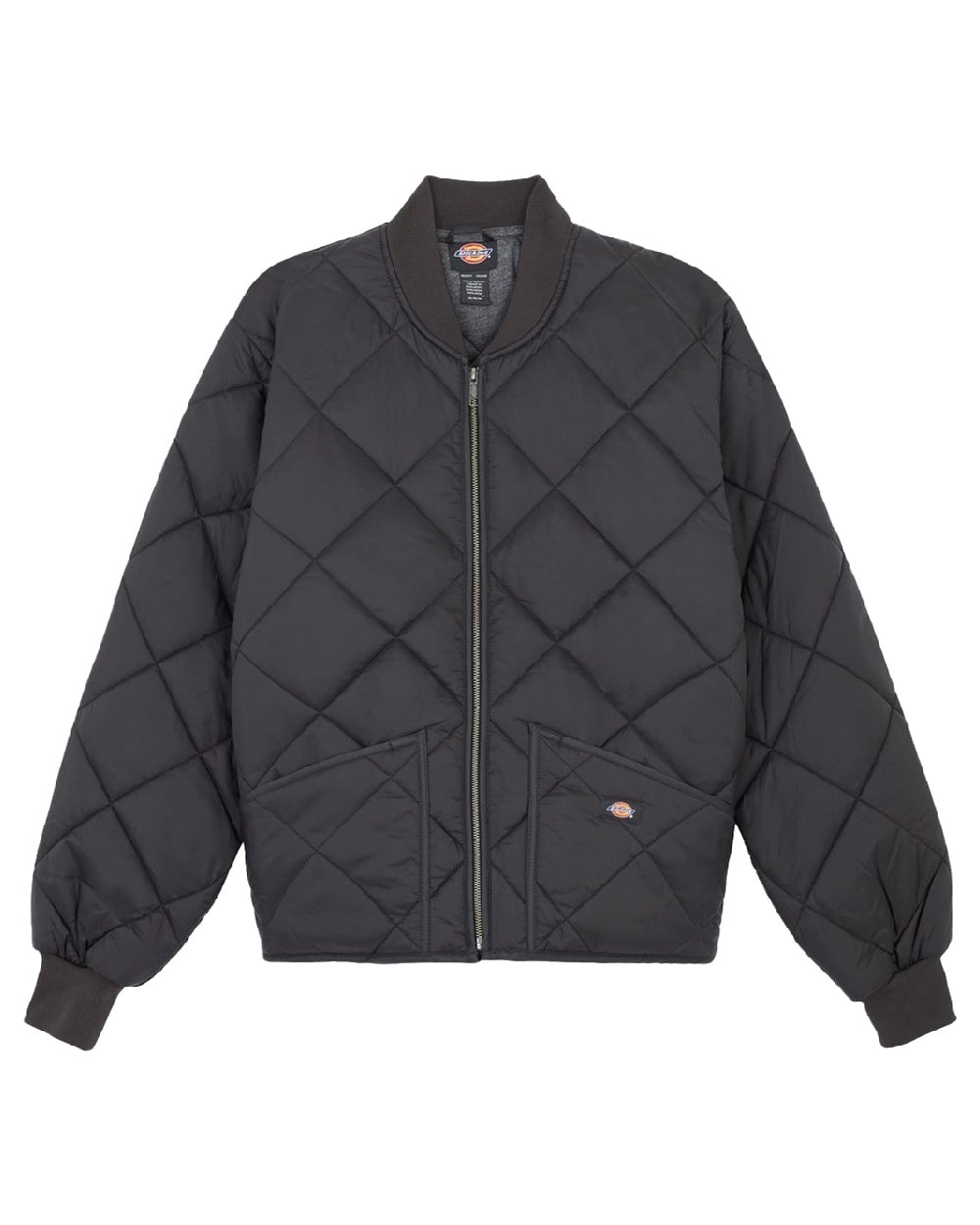 Black Coloured Dickies Mens Diamond Quilted Nylon Jacket on White Background
