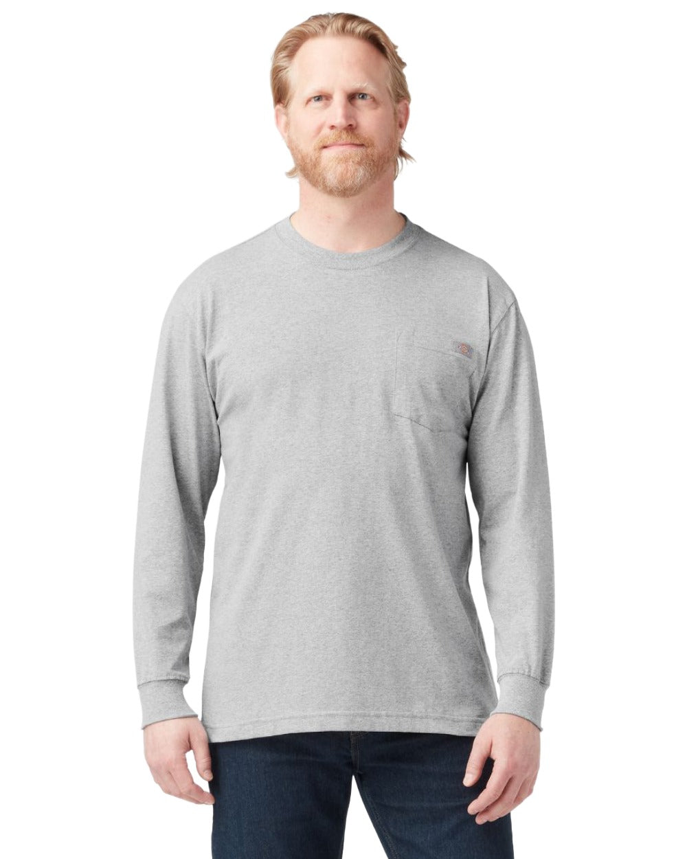 Heather Grey Coloured Dickies Mens Long Sleeve Pocket Tee on White Background
