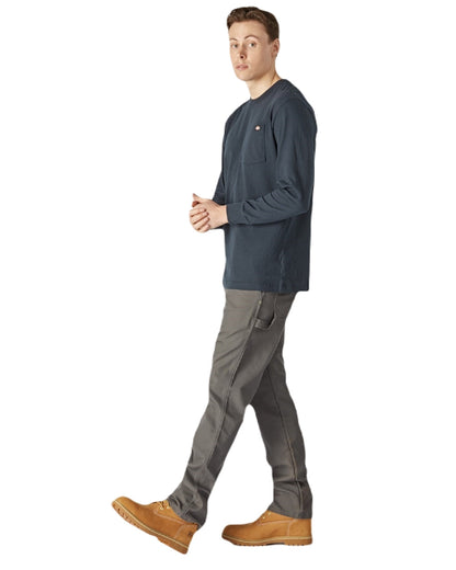 Navy Coloured Dickies Mens Long Sleeve Pocket Tee on White Background
