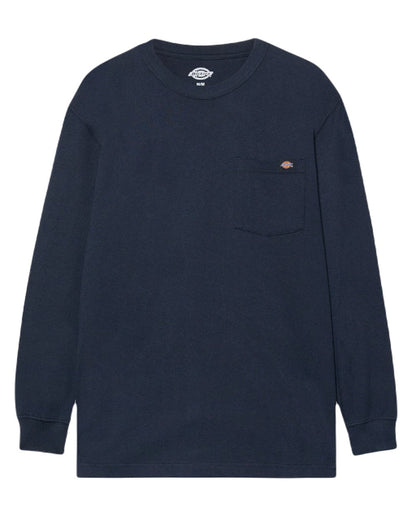 Navy Coloured Dickies Mens Long Sleeve Pocket Tee on White Background
