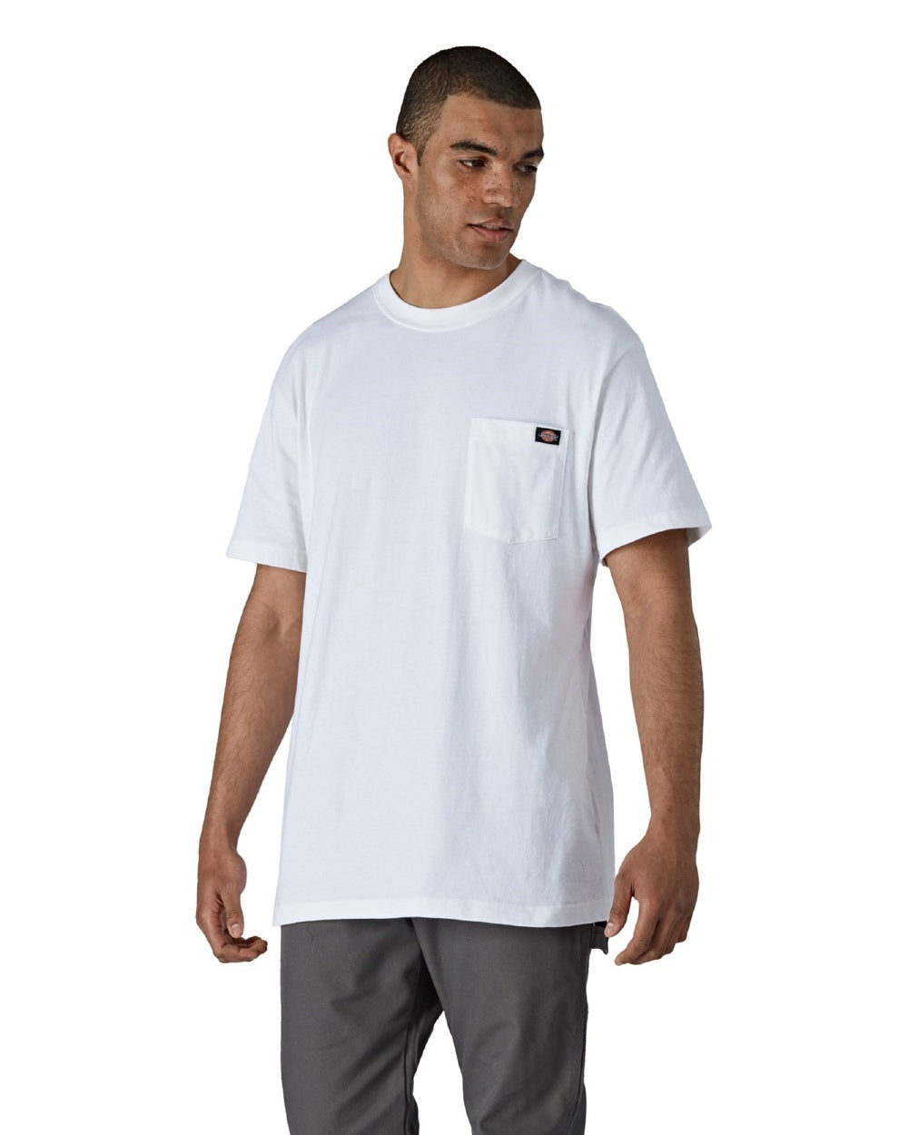 White Coloured Dickies Mens Short Sleeve Pocket Cotton T-Shirt on White Background
