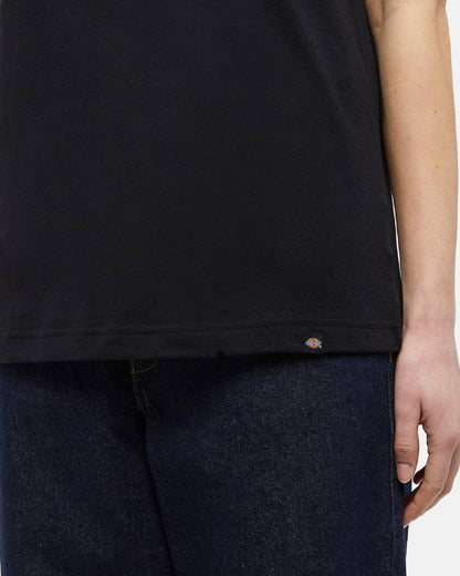 Black Coloured Dickies Womens Tricolour Logo T-Shirt on White Background
