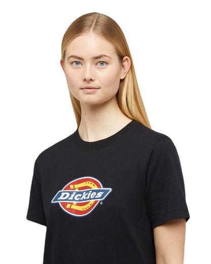 Black Coloured Dickies Womens Tricolour Logo T-Shirt on White Background
