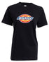 Black Coloured Dickies Womens Tricolour Logo T-Shirt on White Background
