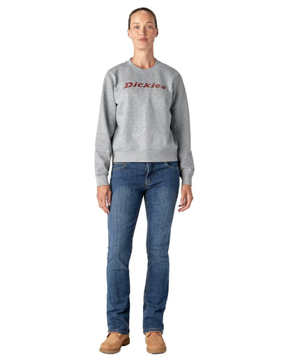 Heather Grey Coloured Dickies Womens Heavyweight Wordmark Crew Neck Fleece on White Background
