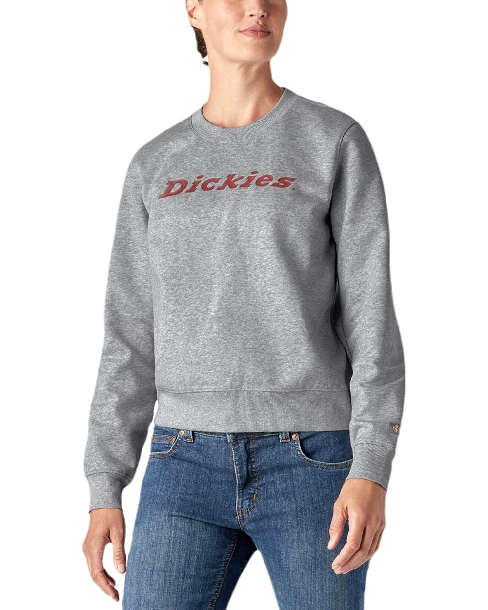 Heather Grey Coloured Dickies Womens Heavyweight Wordmark Crew Neck Fleece on White Background
