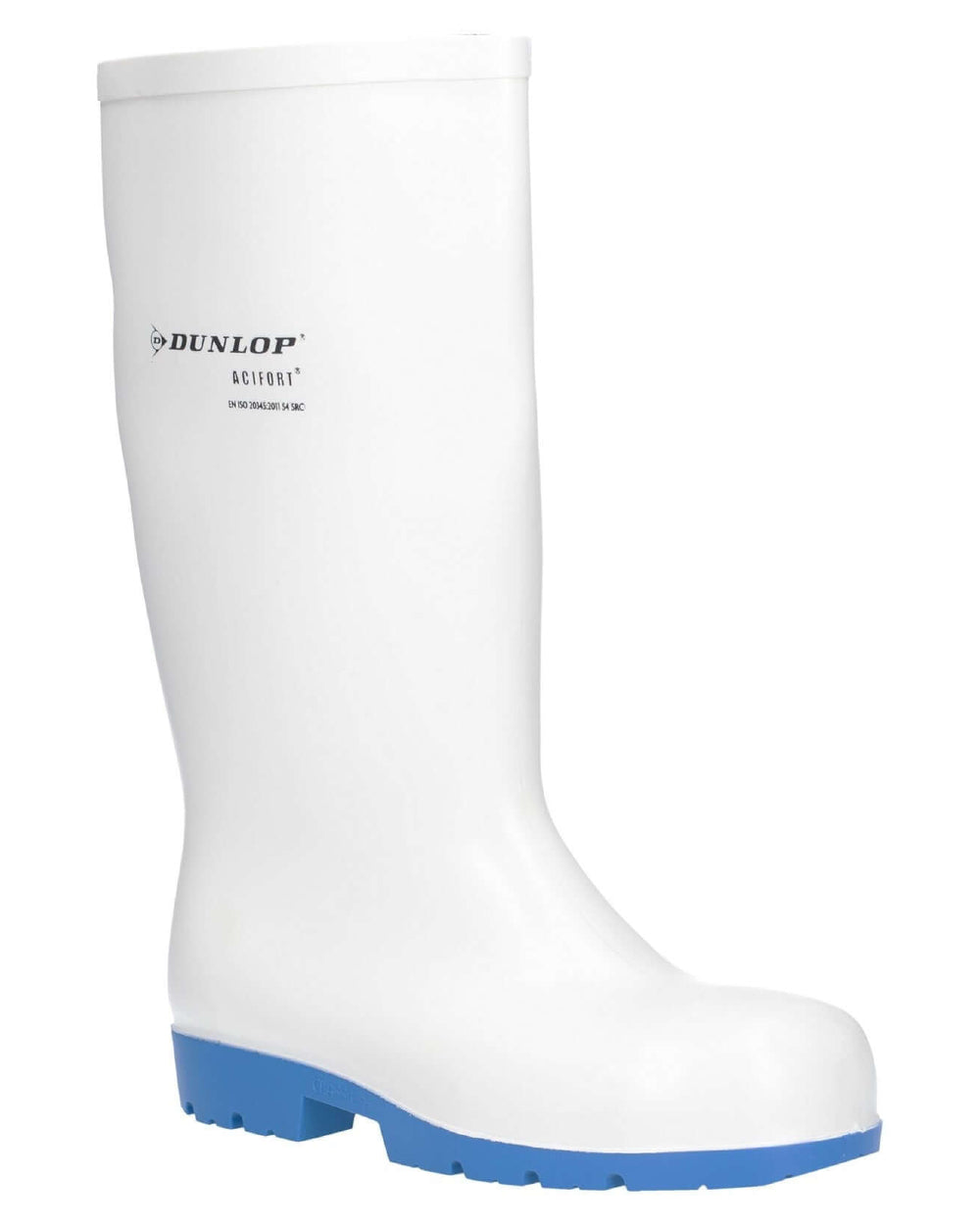 White coloured Dunlop Acifort Classic+ Waterproof Safety Wellingtons on white background 