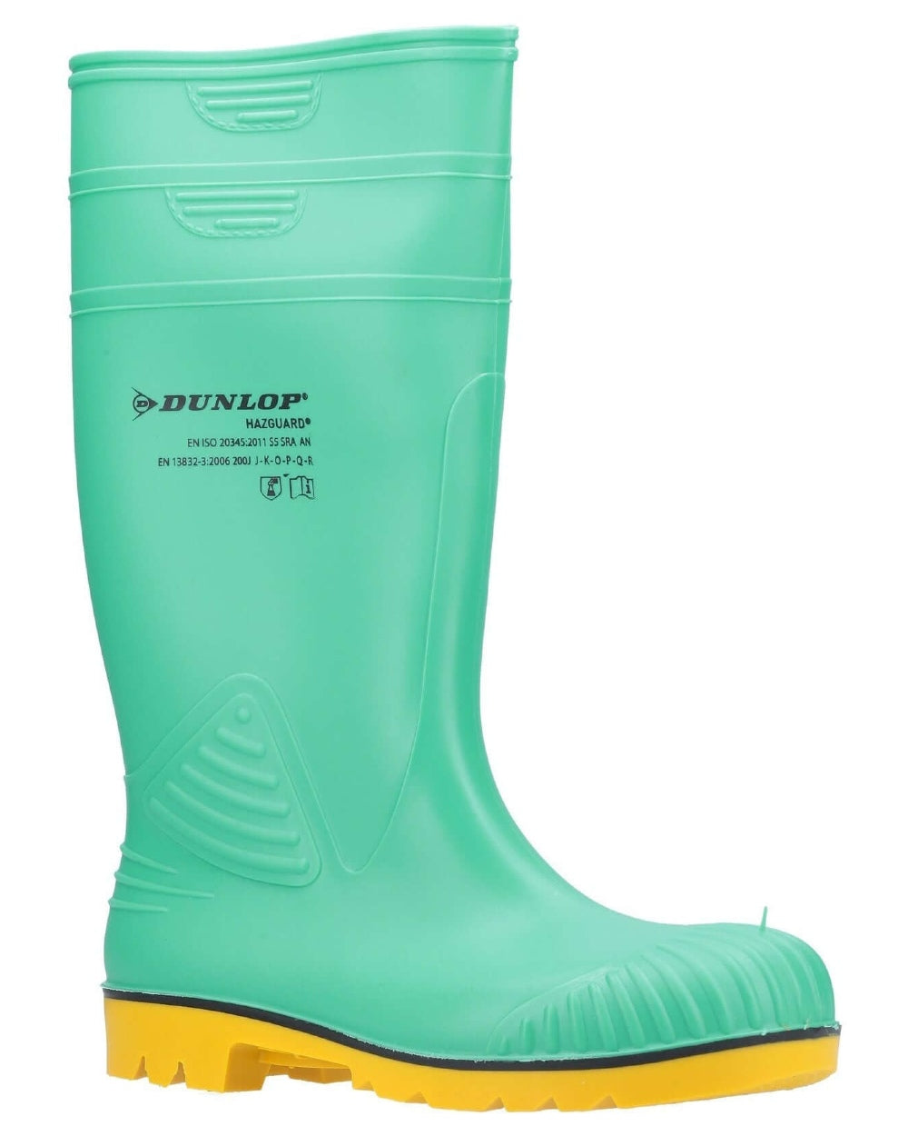 Green/Black/Yellow coloured Dunlop Acifort HazGuard Safety Wellingtons on white background