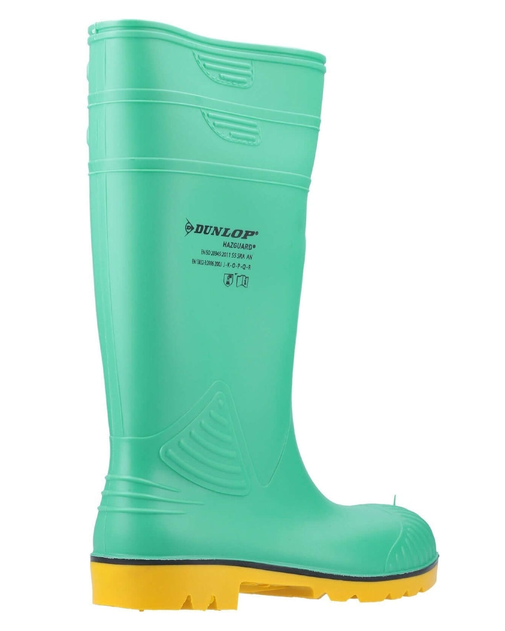 Green/Black/Yellow coloured Dunlop Acifort HazGuard Safety Wellingtons on white background 