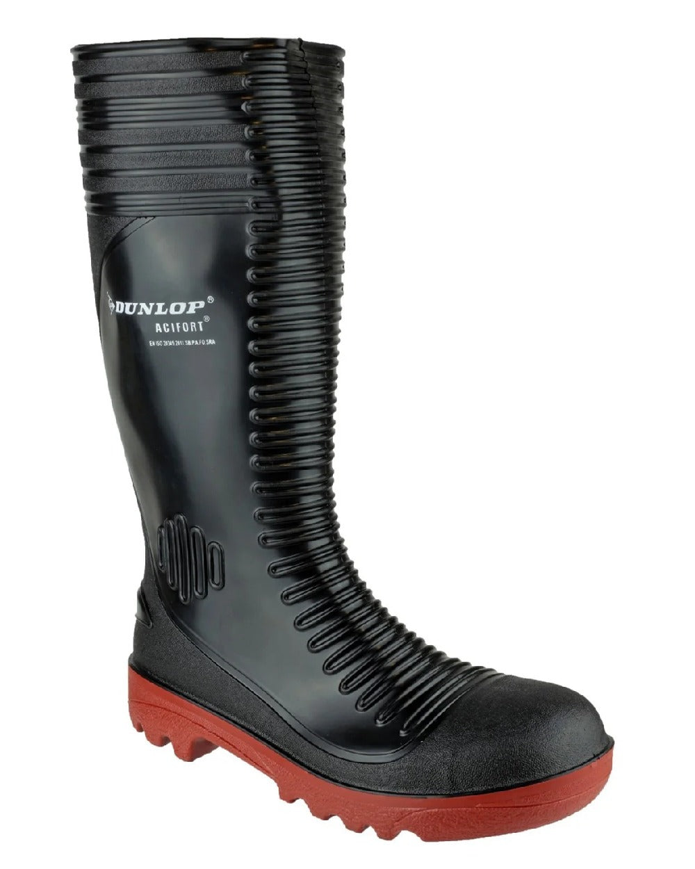 Black coloured Dunlop Acifort Ribbed Full Safety Wellingtons on white background 