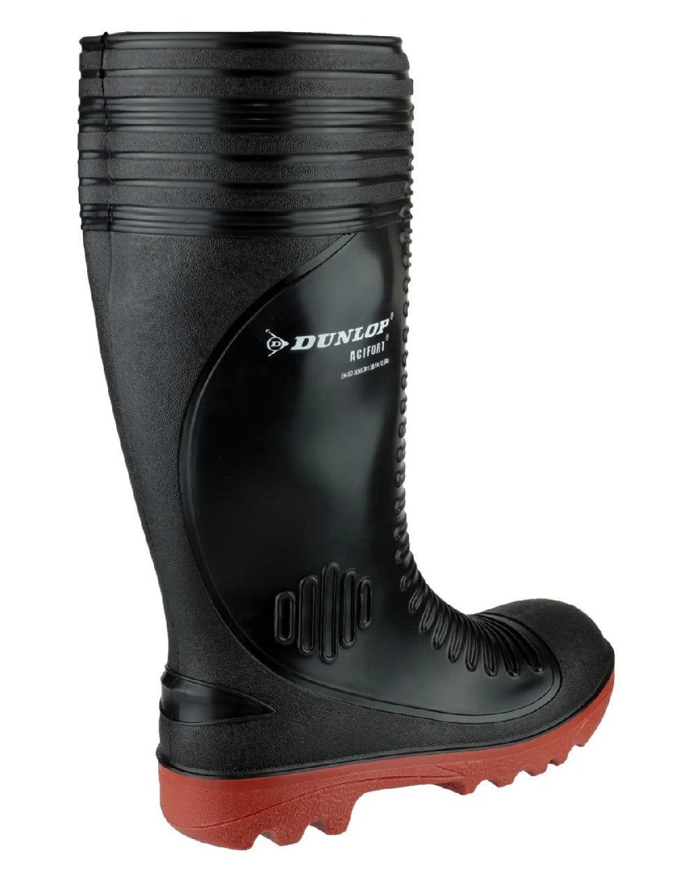 Black coloured Dunlop Acifort Ribbed Full Safety Wellingtons on white background 