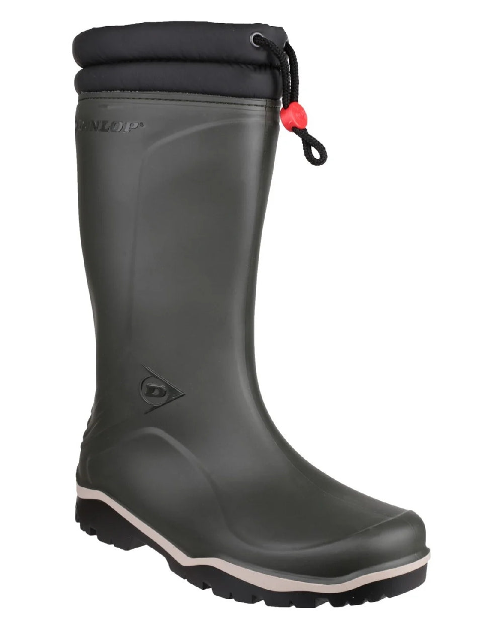 Green coloured Dunlop Blizzard Wellingtons on white background 