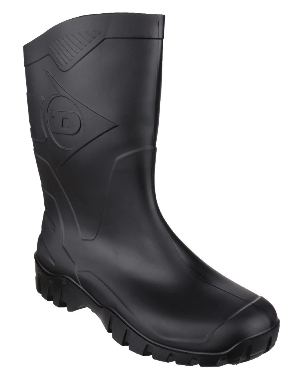 Black coloured Dunlop Dee Calf Length Wellingtons on white background 