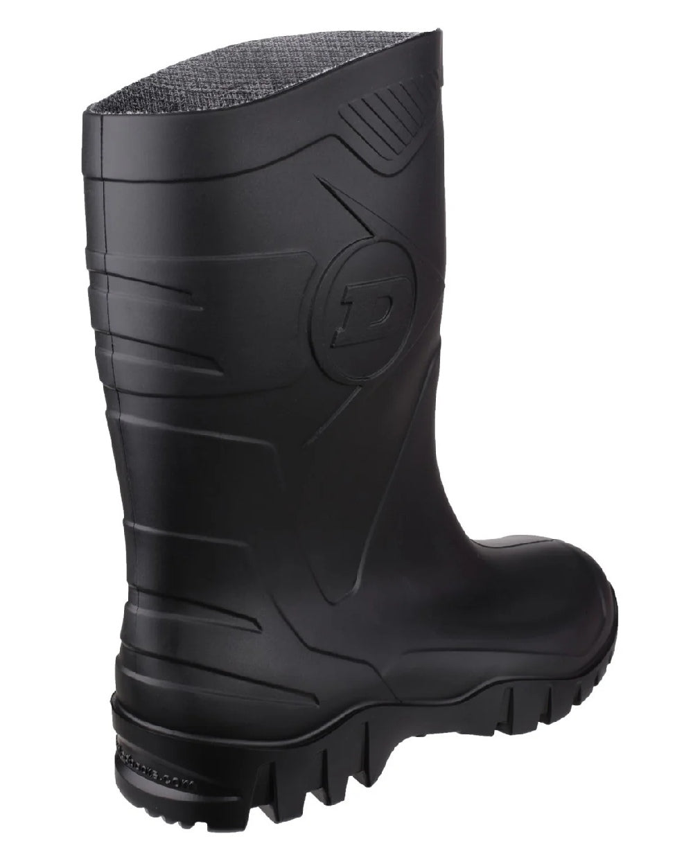 Black coloured Dunlop Dee Calf Length Wellingtons on white background 