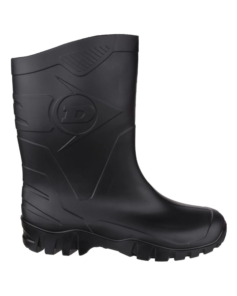 Black coloured Dunlop Dee Calf Length Wellingtons on white background 