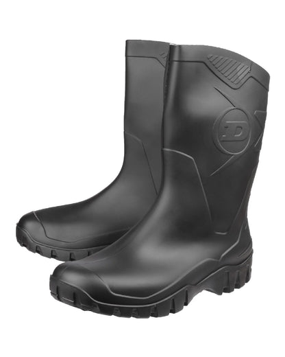 Black coloured Dunlop Dee Calf Length Wellingtons on white background 