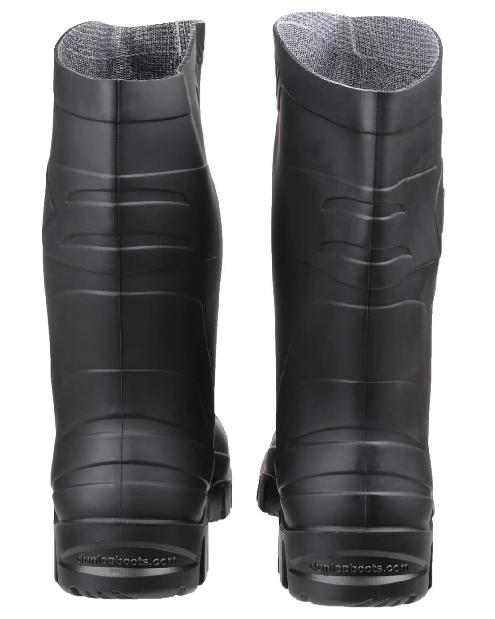 Black coloured Dunlop Dee Calf Length Wellingtons on white background 