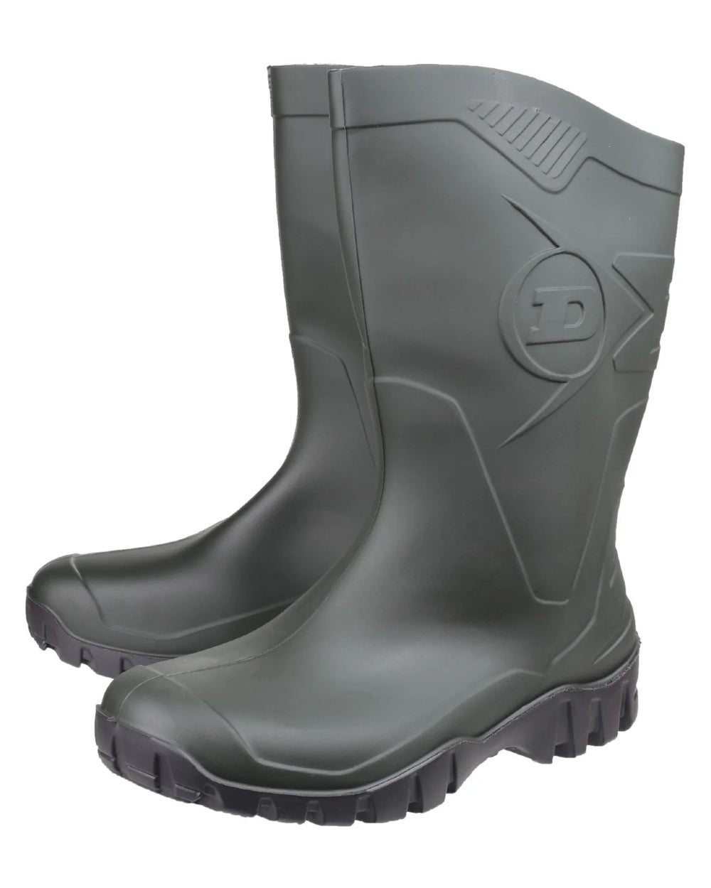 Green coloured Dunlop Dee Calf Length Wellingtons on white background 