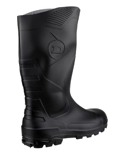 Black coloured Dunlop Devon Full Safety Wellingtons on white background 