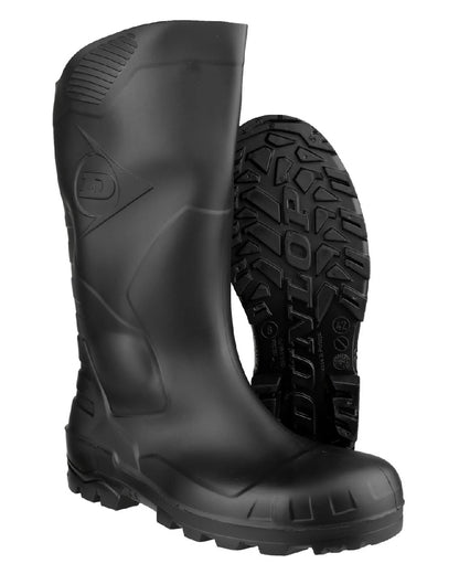 Black coloured Dunlop Devon Full Safety Wellingtons on white background 